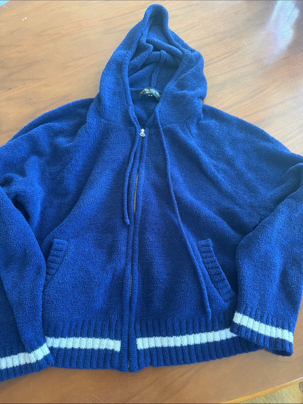 Central Park West Deep Blue Hooded Zip Sweater with White Trim